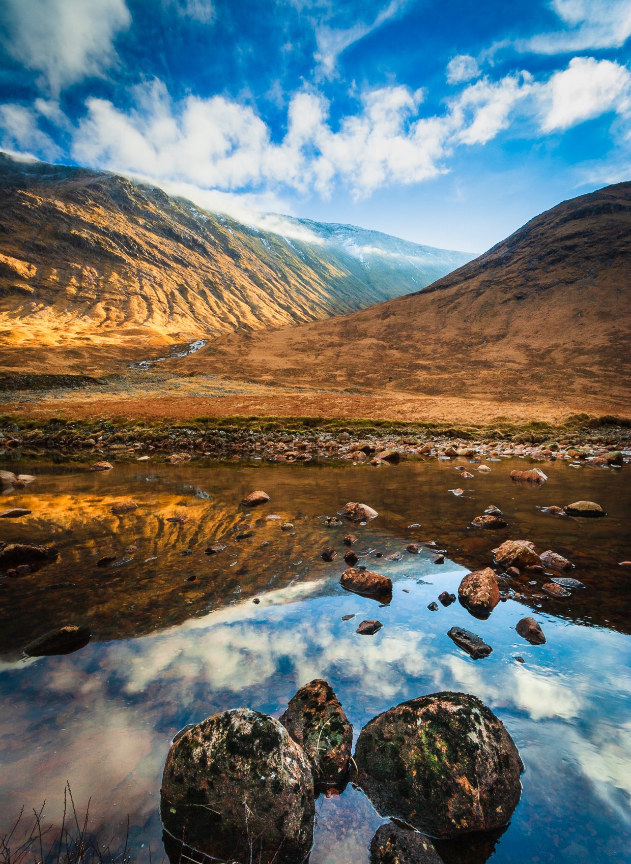 Rocks and reflections in the River Etive, Glen Etive, Scotland. HC003
