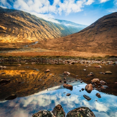 Rocks and reflections in the River Etive, Glen Etive, Scotland.