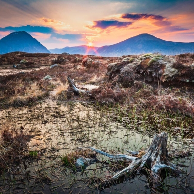 Sunset over the Rannoch Moor, Scotland.