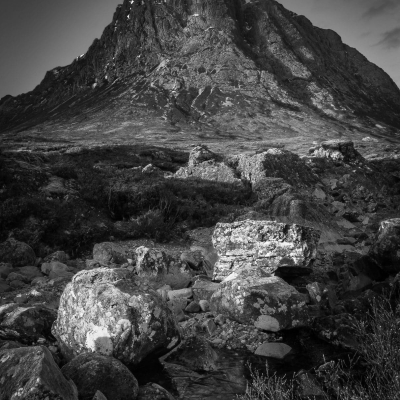 Buachaille Etive Mor and rocks, Glencoe, Scotland.