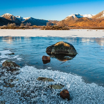 Ice-covered grass on the edge of Lochan na h'Achlaise, Rannoch Moor, Scotland.