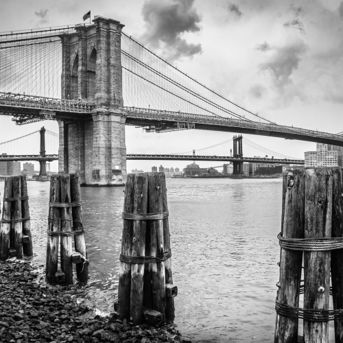 Brooklyn Bridge and wooden piles in the East River, New York City NM005