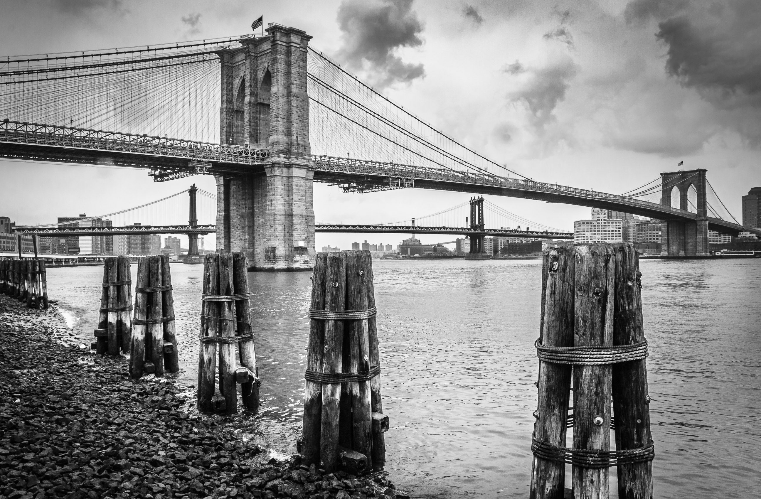 Brooklyn Bridge and wooden piles in the East River, New York City NM005