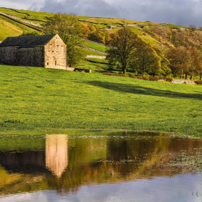 Traditional Stone Barn Reflected Flooded Field Near Kettlewell Wharfedale Yorkshire Dales England