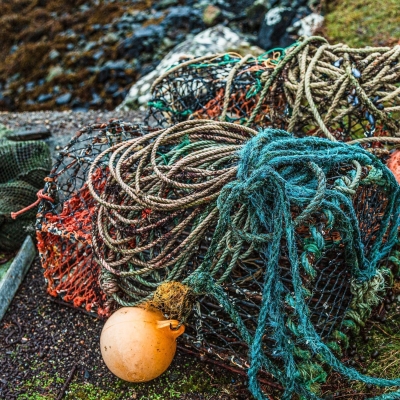 Lobster pots, ropes and buoys, Orinsay, Lewis HB024