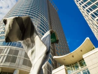 Inverted Collar and Tie sculpture designed in 1994 by Claes Oldenburg and Coosje van Bruggen. It is located in Frankfurt's Westend in front of the Westend Tower in Frankfurt am Main, Hesse, Germany. FF016