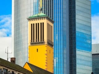 Matthauskirche (St Matthew's Church) and the Pollux Tower in the Gallus district of Frankfurt am Main, Hesse, Germany. FF020