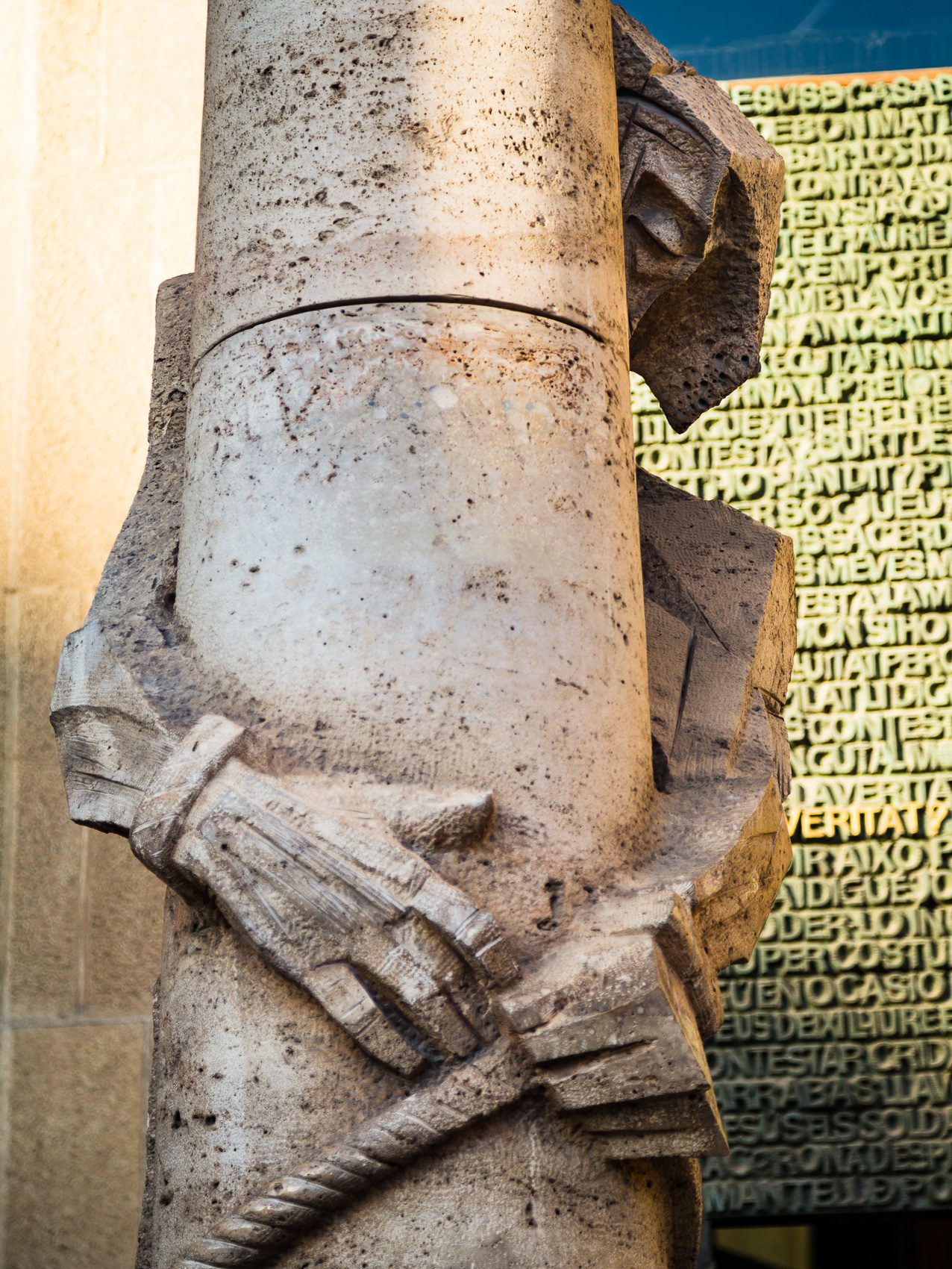 Josep Maria Subirachs sculpture of Jesus Christ at the base of Passion Facade of La Sagra Familia basilica. BC010