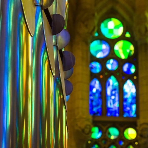 Stained-glass window and organ pipes of the Sagrada Familia basilica in Barcelona, Spain. BC012