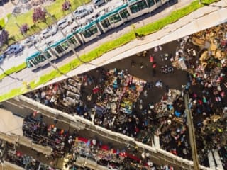 Reflection in mirrored roof of the Encants Vells Flea Market, Barcelona Spain. BC015