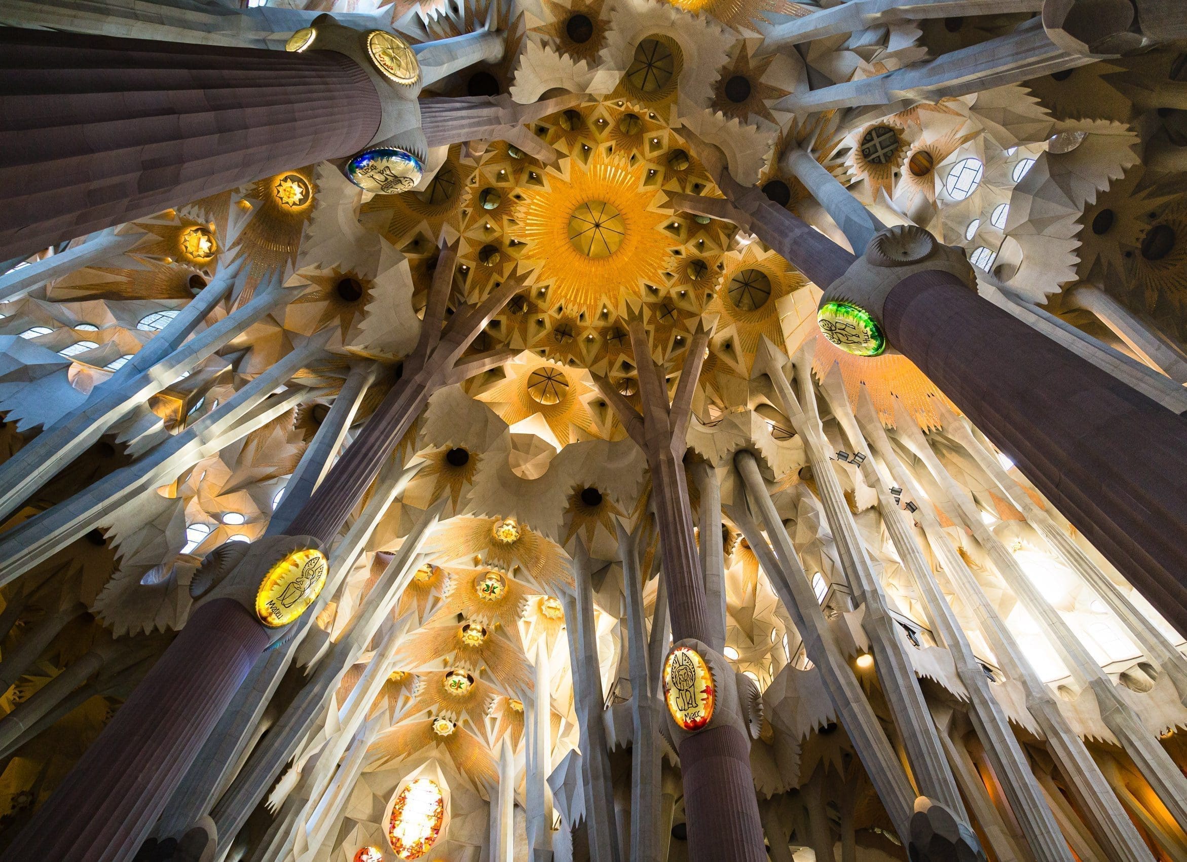 Interior view of the ceiling of La Sagra Familia basilica showing forest-like pillars and decoration as light filters through roof.