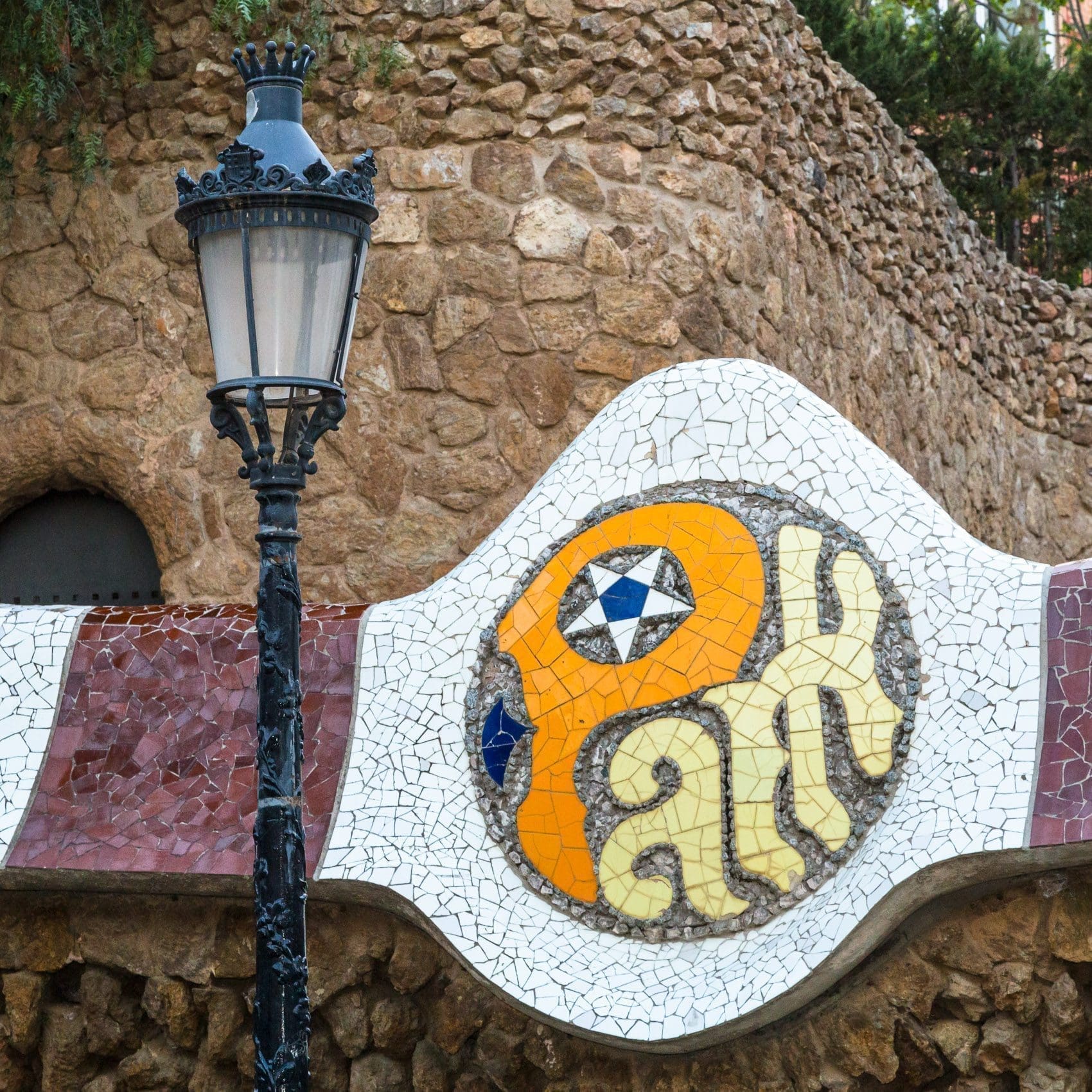 Part of decorative tiled nameplate at Parc Guell, Barcelona, Spain.