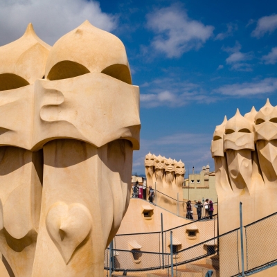 Three groups of chimneys on the roof of Casa Mila, Barcelona, Spain.