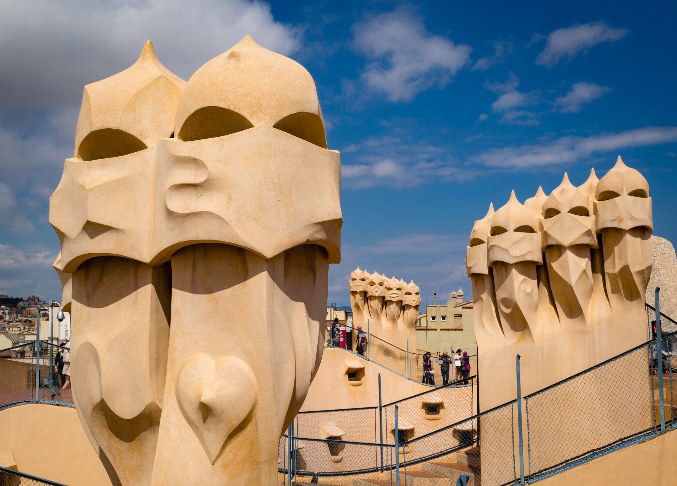 Three groups of chimneys on the roof of Casa Mila, Barcelona, Spain.