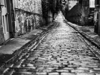 Monochrome (black and white) image of Strawberry Bank, Dundee, Scotland. DD013