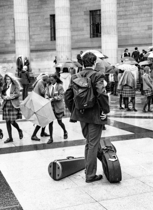 Monochrome (black and white) image of a pupil in City Square, Dundee. DD008