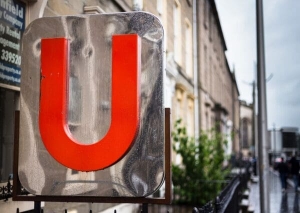 U sign outside building in Tay Street, Dundee, Scotland, United Kingdom. DD183