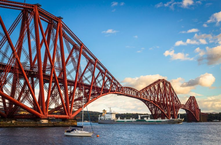 Oil products and chemical tanker Solero sailing west under the Forth Rail Bridge, near North Queensferry, Fife, Scotland, United Kingdom. FB002
