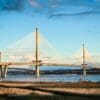 The Queensferry Crossing and Forth Road Bridge from near Rosyth, Fife, Scotland, United Kingdom. FB003