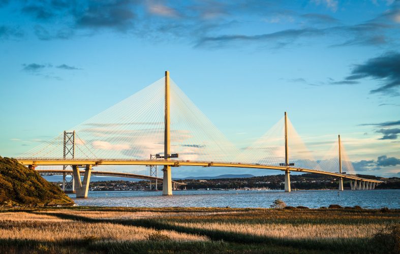 The Queensferry Crossing and Forth Road Bridge from near Rosyth, Fife, Scotland, United Kingdom. FB003