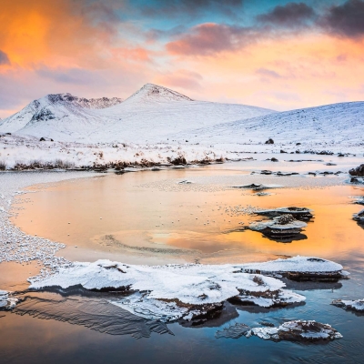 Wintry dawn over the Black Mount and the River Ba, Rannoch Moor, Scotland.