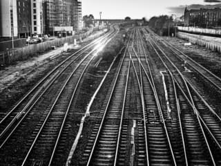 Railway lines approaching Dundee station, Dundee, Scotland, United Kingdom.