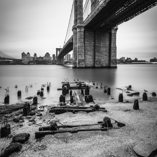 Brooklyn Bridge and old pier pilings in the East River at low tide, New York City. NM006