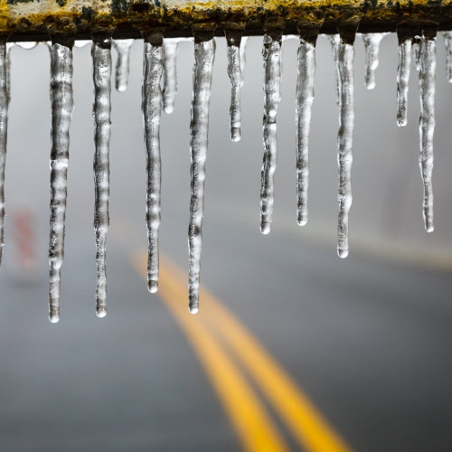 Icicles formed on a barrier across the Blue Ridge Parkway, near Spruce Pine, in North Carolina following an ice storm. NC019