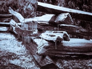Duotone of ice-covered split-rail log fence near Little Switzerland, North Carolina, following an ice-storm. NC021