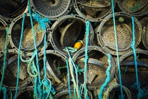 Stacked prawn pots at Roundstone Harbour, Connemara, County Galway. IL006 Stacked prawn pots at Roundstone Harbour, Connemara, County Galway. IL006