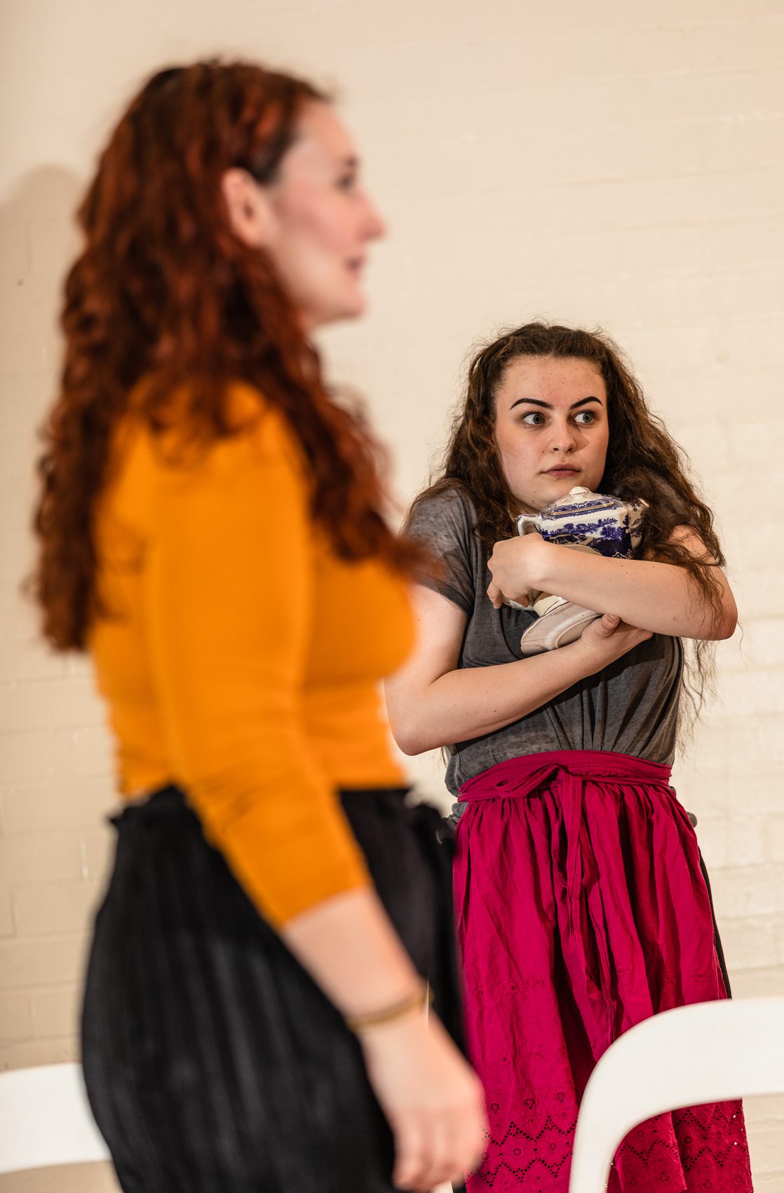 Lydia Davidson and Nina Gray of Fearless Players rehearsing for 'Armour: A Herstory of the Scottish Bard'. FP007