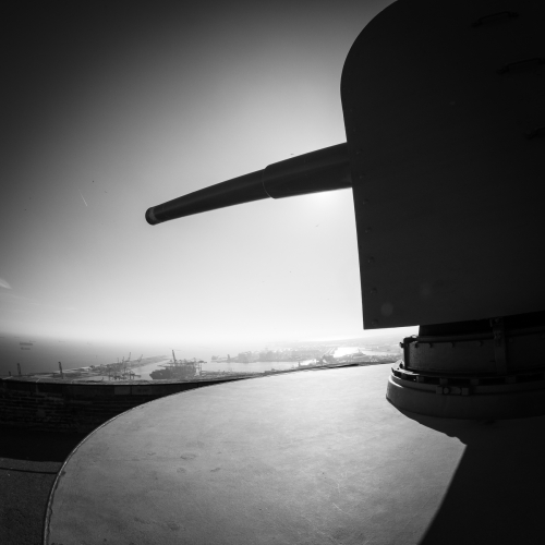 Gun emplacement at Montjuic Castle, Barcelona, Spain, with view over Barcelona harbour. BM005