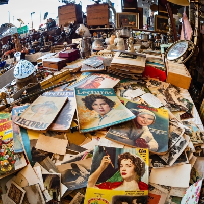 Display of vintage magazines at the Encants Vells flea market, Barcelona, Spain