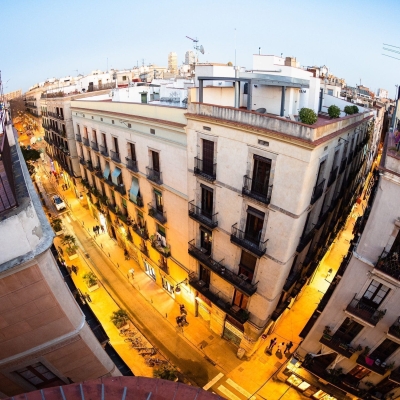 Fisheye view of early evening streets, Barcelona, Spain.