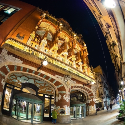 Fisheye view of the exterior of the Palau de Musica, Barcelona, Spain