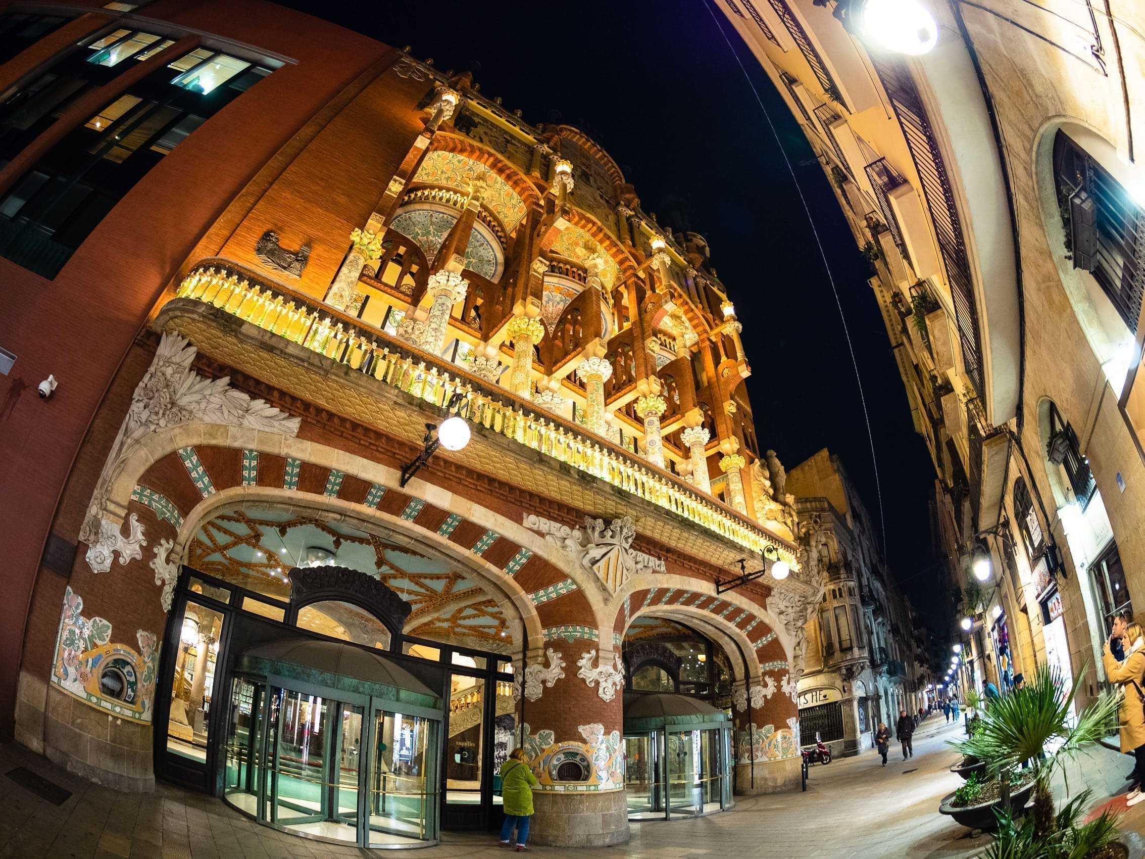 Fisheye view of the exterior of the Palau de Musica, Barcelona, Spain