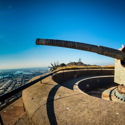 Fisheye view of a gun emplacement at the Castell Montjuic, Barcelona, Spain