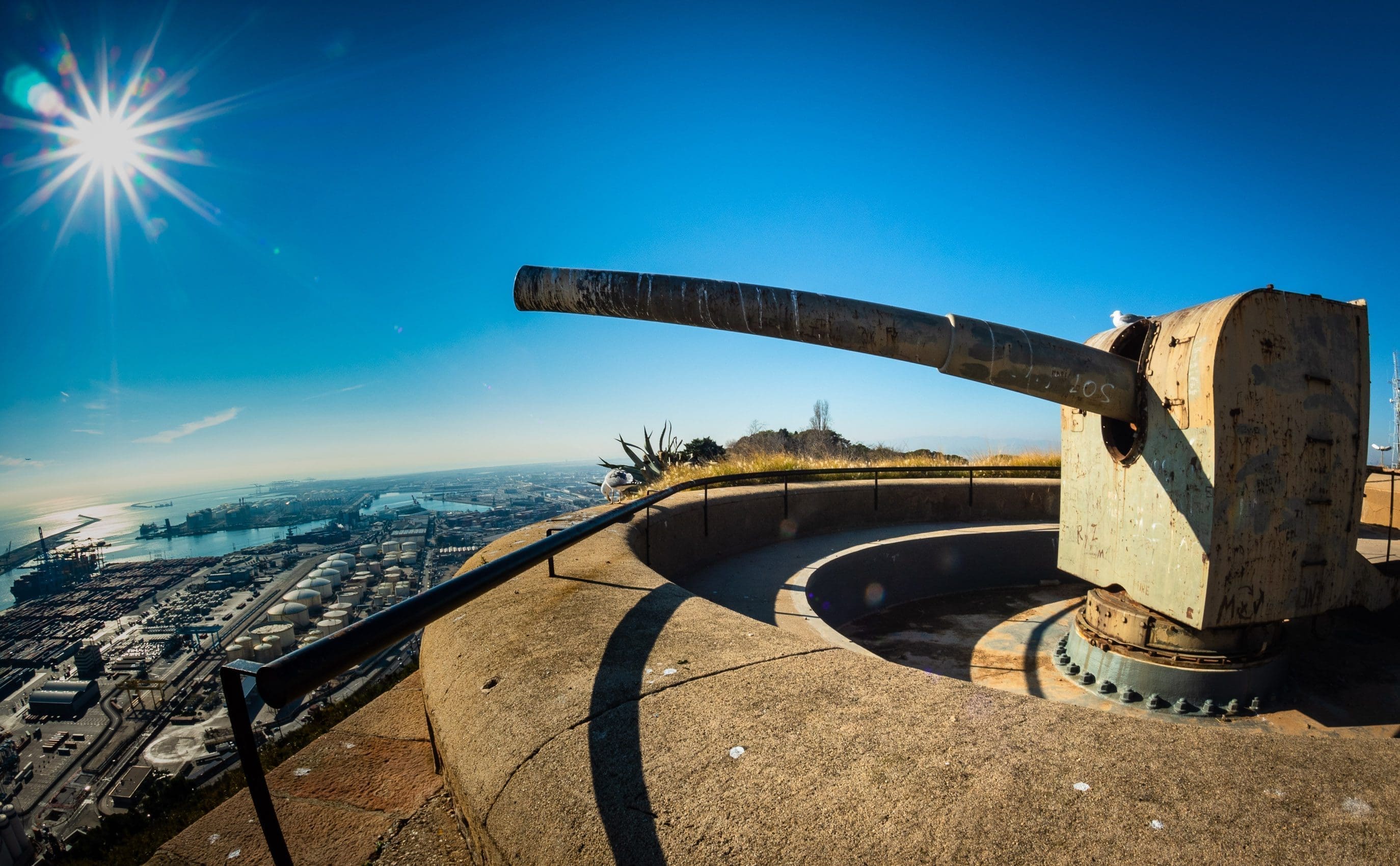 Fisheye view of a gun emplacement at the Castell Montjuic, Barcelona, Spain