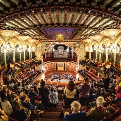 Fisheye view of the interior of the Palau de Musica, Barcelona, Spain