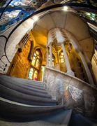 Fisheye view of internal stairway of the Sagrada Familia Basilica, Barcelona, Spain