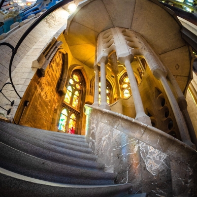 Fisheye view of internal stairway of the Sagrada Familia Basilica, Barcelona, Spain
