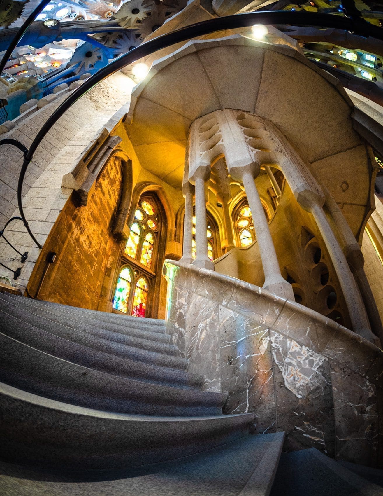 Fisheye view of internal stairway of the Sagrada Familia Basilica, Barcelona, Spain