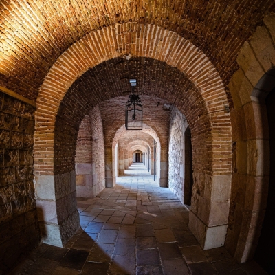 Fisheye view of a passageway in the Castell Montjuic, Barcelona, Spain