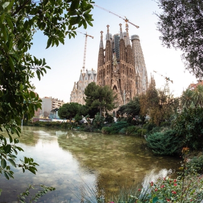 Pond in the Placa di Gaudi, Barcelona, Spain