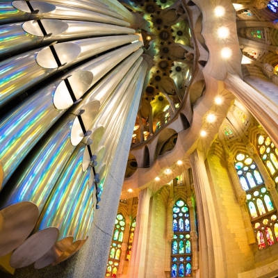 Windows and Organ Pipes in the Sagrada Familia Basilica, Barcelona, Spain.
