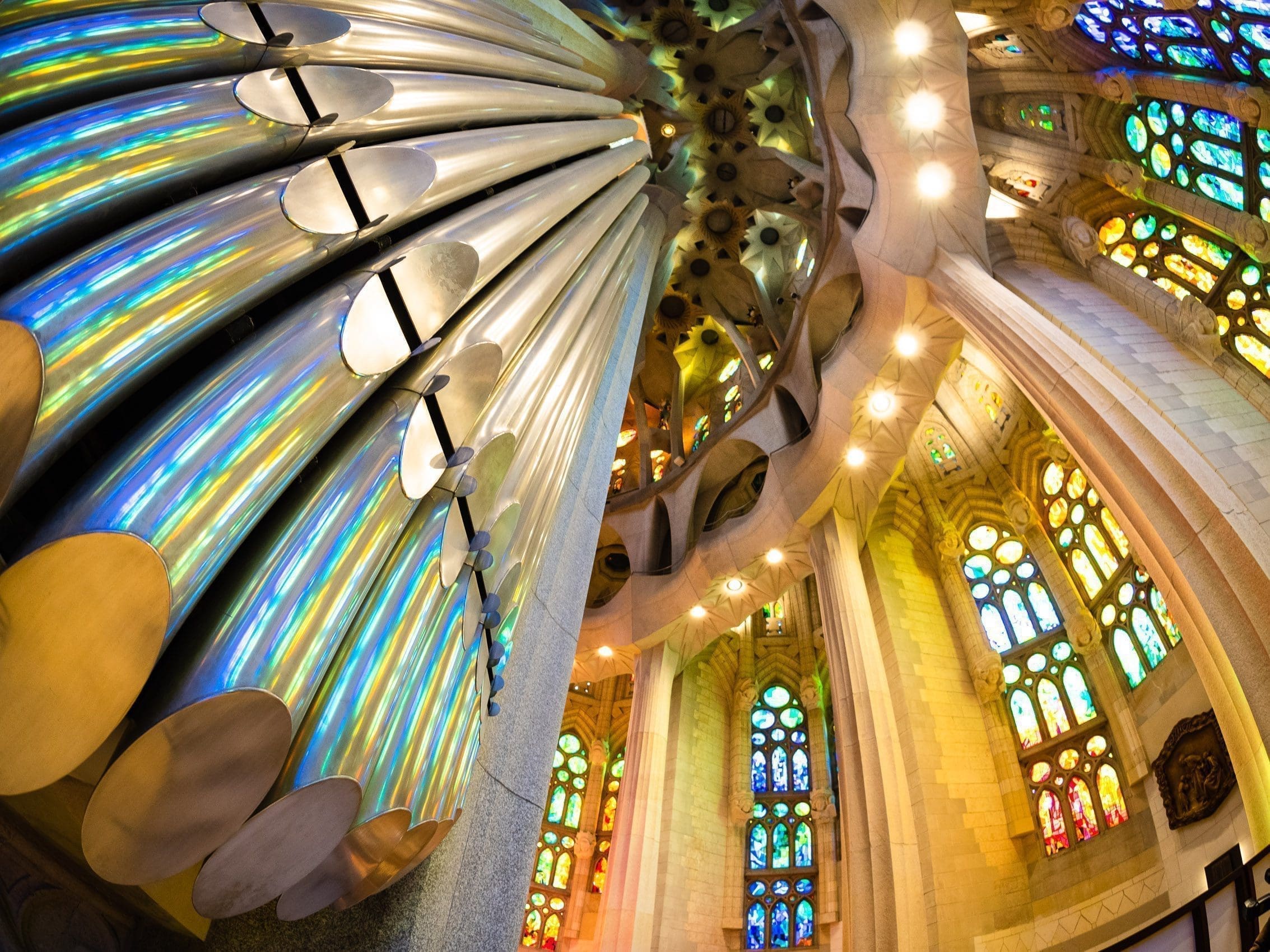 Windows and Organ Pipes in the Sagrada Familia Basilica, Barcelona, Spain.