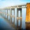 South end of the Tay Rail Bridge in mist.
