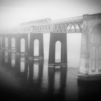South end of the Tay Rail Bridge in mist.