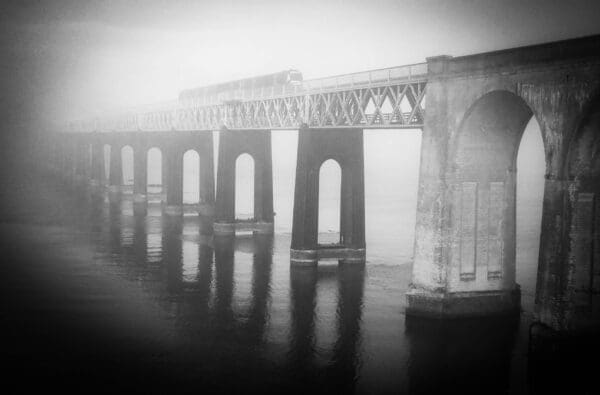 South end of the Tay Rail Bridge in mist.