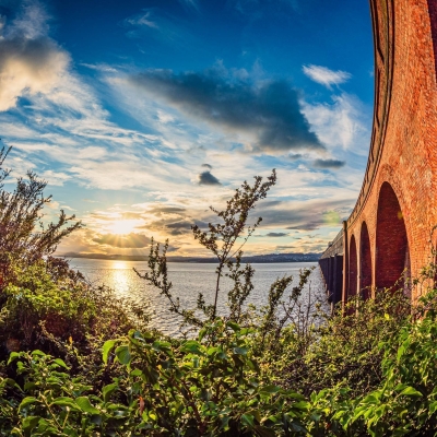 Fisheye view of the south end of the Tay Railway Bridge from Wormit, Fife, Scotland